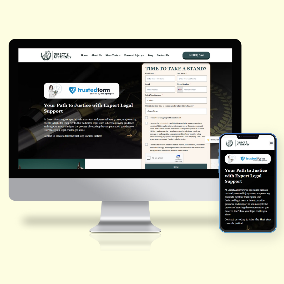Legal services website for mass tort and personal injury cases